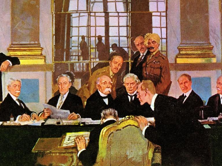 Ein Gemälde von Sir William Orpen, auf dem die Vertragsunterzeichnung von Versailles 1919 festgehalten ist.