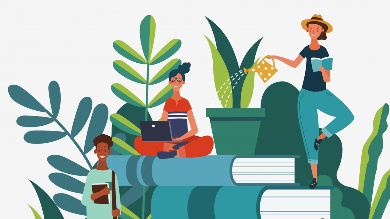 In der Illustrationen sitzen Menschen zwischen Büchern und Pflanzen und gehen verschiedenen Tätigkeiten nach.