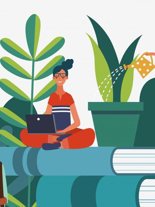 In der Illustrationen sitzen Menschen zwischen Büchern und Pflanzen und gehen verschiedenen Tätigkeiten nach.