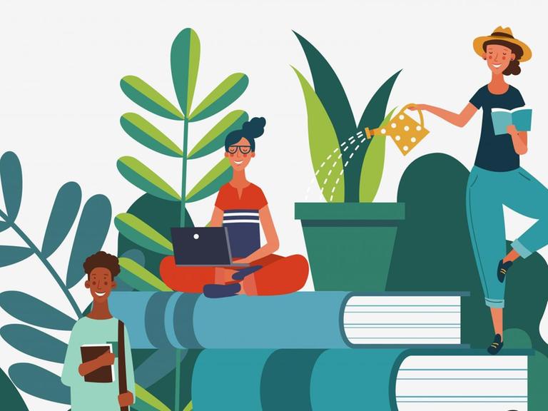 In der Illustrationen sitzen Menschen zwischen Büchern und Pflanzen und gehen verschiedenen Tätigkeiten nach.