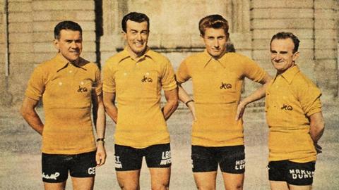Titelseite einer Ausgabe des französischen Magazins "Pilote" vom 22. Juni 1961 zeigt ein Gruppenbild mit vier Toursiegern mit insgesamt sechs Siegen