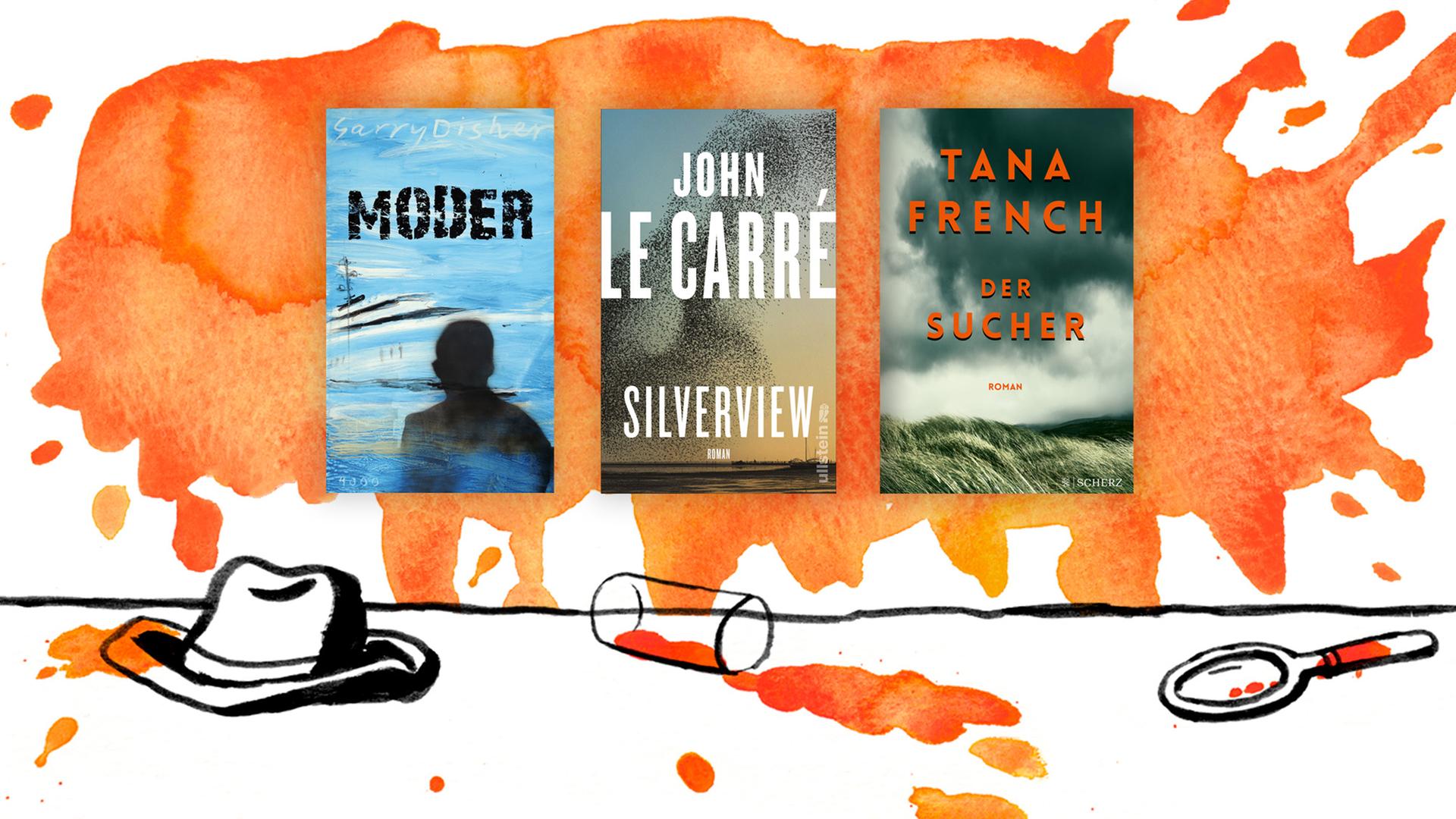 Die Cover der Top drei der Krimibestenliste des Novembers 2021: Garry Dishers "Moder", John Le Carrés "Silverview" und Tana Frenchs "Der Sucher"