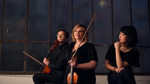 Ein Mann mit Cello und zwei Frauen, die in der Mitte mit Violine in der Hand, sitzen vor einer verglasten Wand.