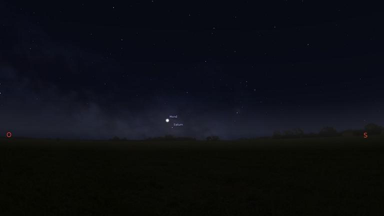 Mond und Saturn am 14. 5. gegen 0 Uhr – rechts der Skorpion mit Antares.