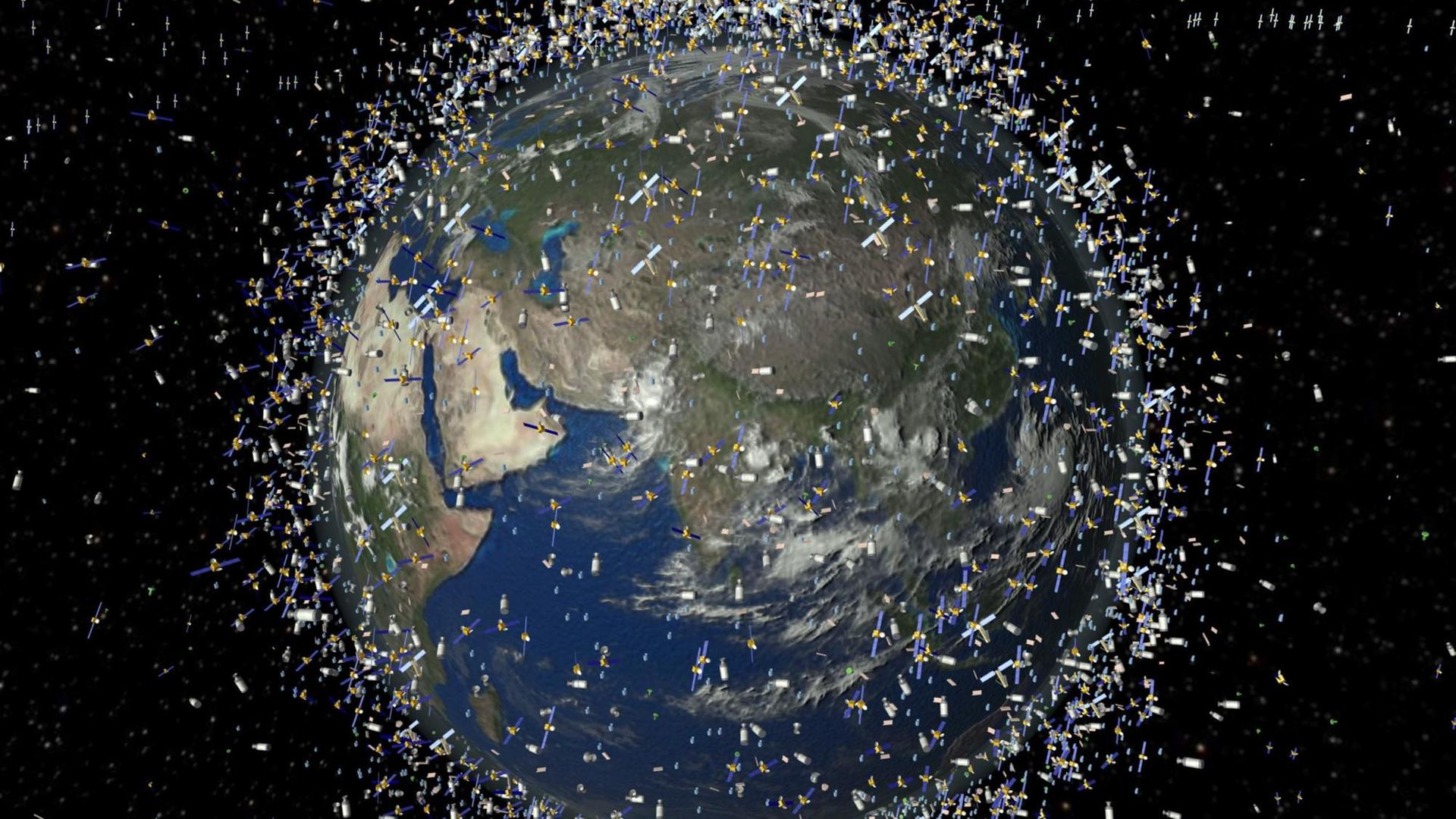 Die Computersimulation der Europäischen Weltraumorganisation ESA nach Daten vom Februar 2009 zeigt Weltraumschrott in der erdnahen Umlaufbahn über dem Äquator.