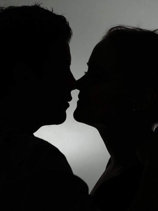 Ein Mann und eine Frau als Silhouette küssen sich am 08.01.2013 in Berlin.