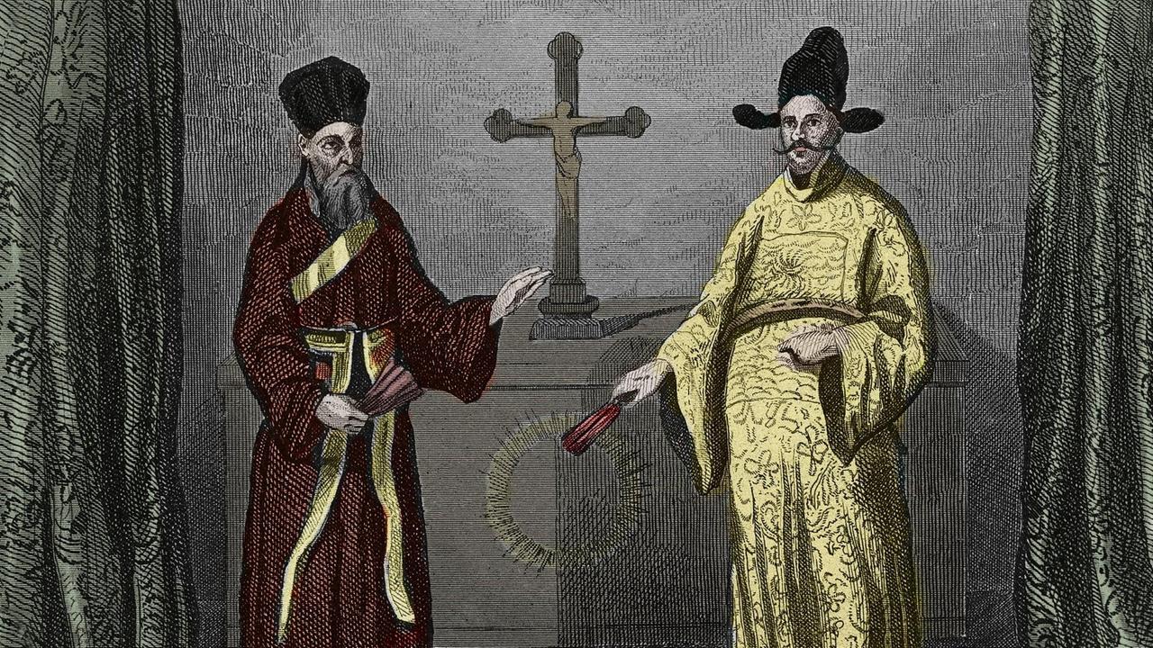 Ein Stich aus dem 19. Jahrhundert zeigt den Jesuiten Matteo Ricci mit Paul Ly, einem konvertierten Chinesen 