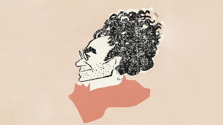 Die Reproduktion einer Zeichnung von 1921 zeigt den italienischen Schriftsteller Antonio Gramsci (1891-1937) mit wilder Haarpracht auf lachsfarbenem Untergrund.