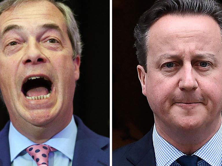 UKIP-Anführer Nigel Farage (l), der für den Austritt Großbritanniens aus der EU wirbt, und der britische Premierminister David Cameron, der für den Verbleib in der EU plädiert.