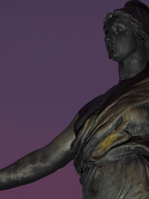 Französische Flagge vor einer Frauenstatue vor Nachthimmel
