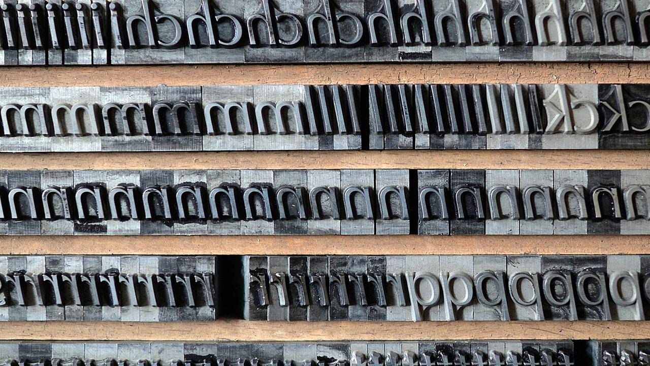 Bleilettern stehen im Museum für Druckkunst Leipzig (Sachsen) in einem Setzkasten