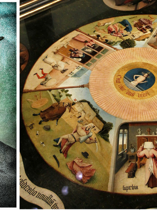 Buchcover Simon Strauss: Sieben Nächte u. im Hintergrund die 7 Todsünden von Hieronymus Bosch