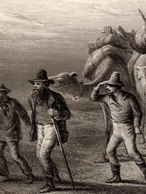 Robert O'Hara Burke (1820-1861) und William John Wills (1834-1861) mit John A King (1838-1872), einem weiteren Expeditionsmitglied - Gravur um 1880. Burke und Wills starben an Hunger, während King von freundlichen Eingeborenen gefunden und betreut wurde, bis eine Rettungsgruppe eintraf.
