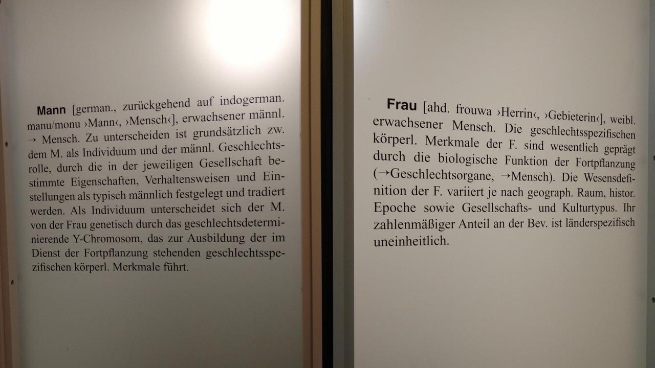 Toilettentüren im DLF-Gebäude in Köln mit den Lexika-Einträgen "Mann" beziehungsweise "Frau"