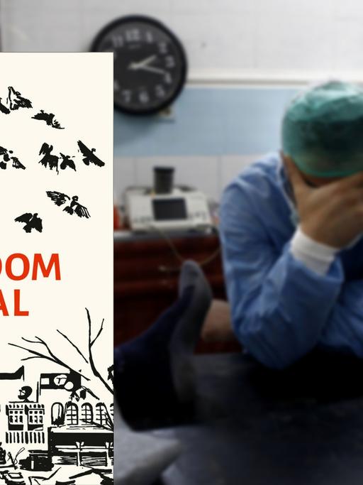 Eine Bildcombo zeigt das Buchcover von "Freedom Hospital" von Hamid Sulaiman vor dem Foto eines Chirurgen in einem syrischen Krankenhaus.