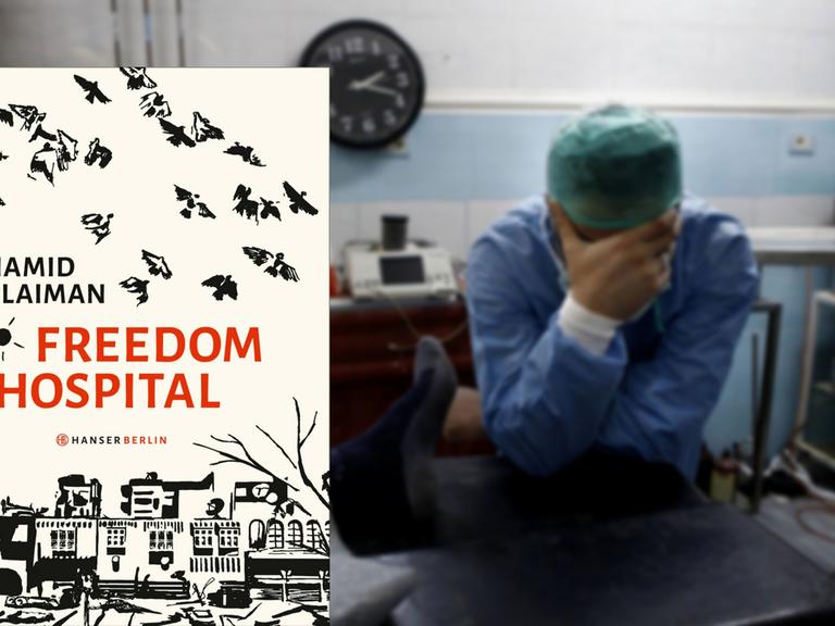 Eine Bildcombo zeigt das Buchcover von "Freedom Hospital" von Hamid Sulaiman vor dem Foto eines Chirurgen in einem syrischen Krankenhaus.