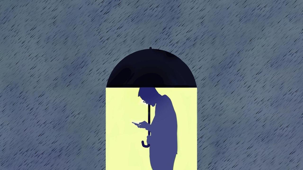 Illustration: Ein Mann mit einem Smartphone unter einem Regenschirm wird vom Regen nicht nass.