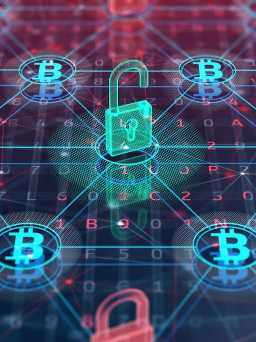 Blockchain technology, conceptual illustration Blockchain technology concept. Holograms symbol of bitcoin and padlock on digital background. 3D illustration. PUBLICATIONxINxGERxSUIxHUNxONLY SERGIIxIAREMENKO/SCIENCExPHOTOxLIBRARY F022/9364