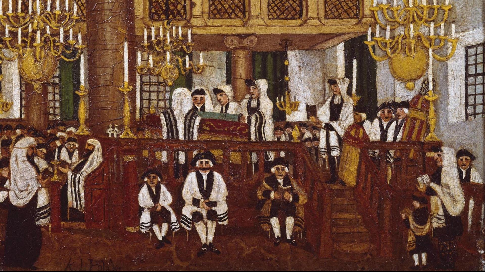 Das Ölgemälde von K. L. Polack zeigt eine Zeremonie mit etlichen traditionell schwarz-weiß gekleideten Menschen in einer Synagoge, in der schwere Kerzenleuchter hängen.