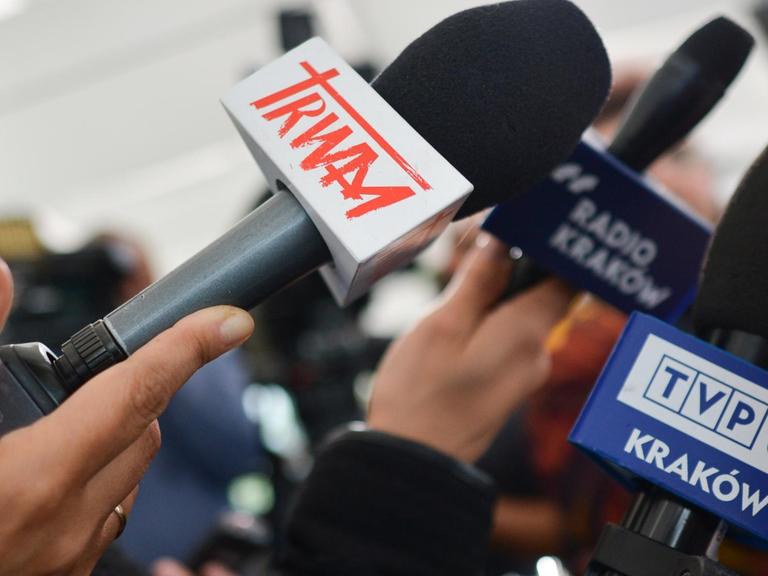 Zahlreiche Mikrofone werden von Journalisten gehalten.