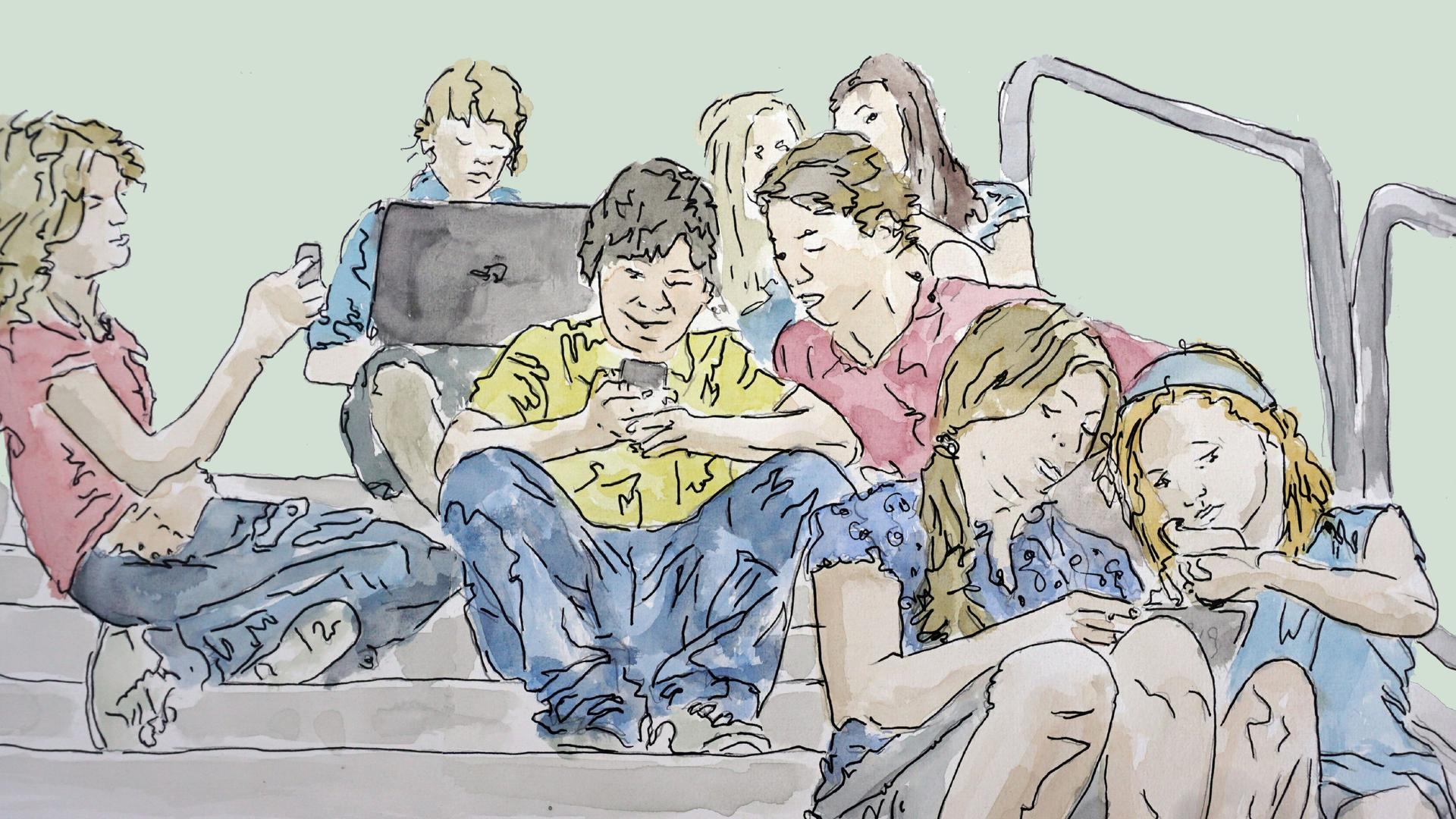 Zeichnung zu Folge 2: Schulkinder sitzen alleine oder zu zweit auf einer Treppe und schauen auf Handys oder Laptops.