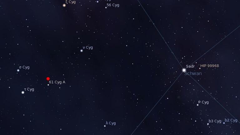 Der Stern 61 Cygni befindet sich im linken oberen Bereich des Schwans