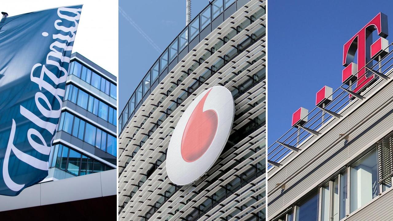 Die Kombo zeigt die Firmenlogos an Standorten der Mobilfunkanbieter Telefonica in Düsseldorf (l-r), Vodafone in Düsseldorf und der Deutschen Telekom in Bonn.