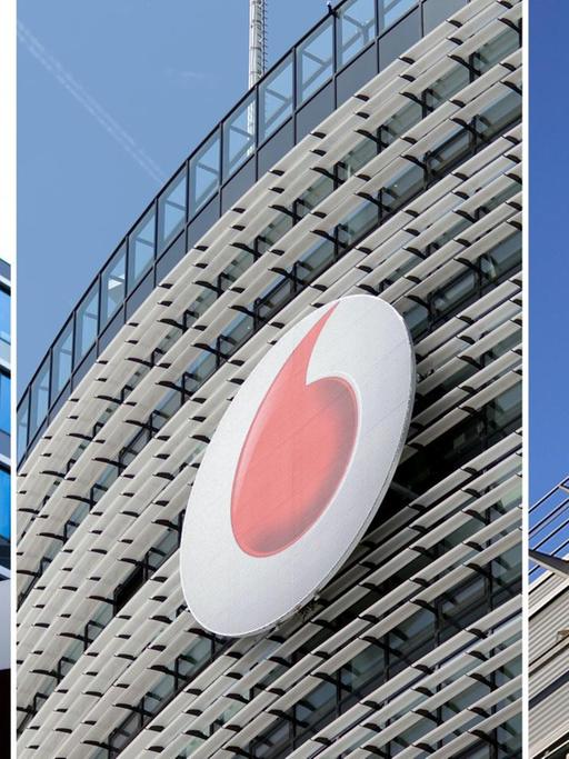 Die Kombo zeigt die Firmenlogos an Standorten der Mobilfunkanbieter Telefonica in Düsseldorf (l-r), Vodafone in Düsseldorf und der Deutschen Telekom in Bonn.
