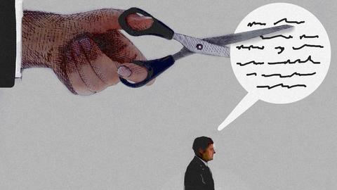Zu sehen ist eine Grafik: Darauf zerschneidet eine große Hand mit Schere die Sprechblase eines Mannes