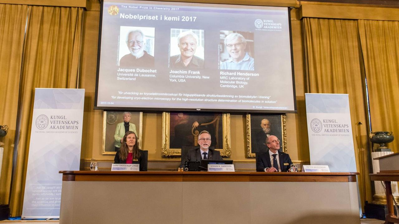 (171004) -- STOCKHOLM, Oct. 4, 2017 -- Goran K. Hansson (C), Secretary General of the Royal Swedish Academy of Sciences, announces the winners of the 2017 Nobel Prize in Chemistry in Stockholm, Sweden, on Oct. 4, 2017. Three scientists shared 2017 Nobel Prize in Chemistry, the Royal Swedish Academy of Sciences announced on Wednesday. The Nobel Prize in Chemistry 2017 was awarded to Jacques Dubochet, Joachim Frank and Richard Henderson for developing cryo-electron microscopy for the high-resolution structure determination of biomolecules in solution . ) (zcc) SWEDEN-STOCKHOLM-NOBEL PRIZE-CHEMISTRY ShixTiansheng PUBLICATIONxNOTxINxCHN