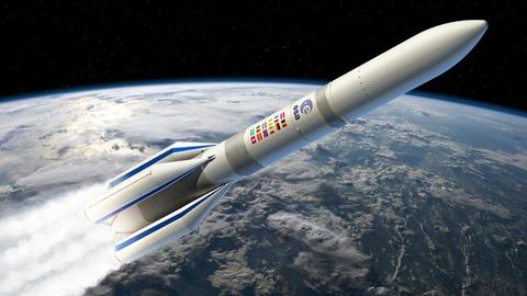 Eine gezeichnete Ariane 6 im All