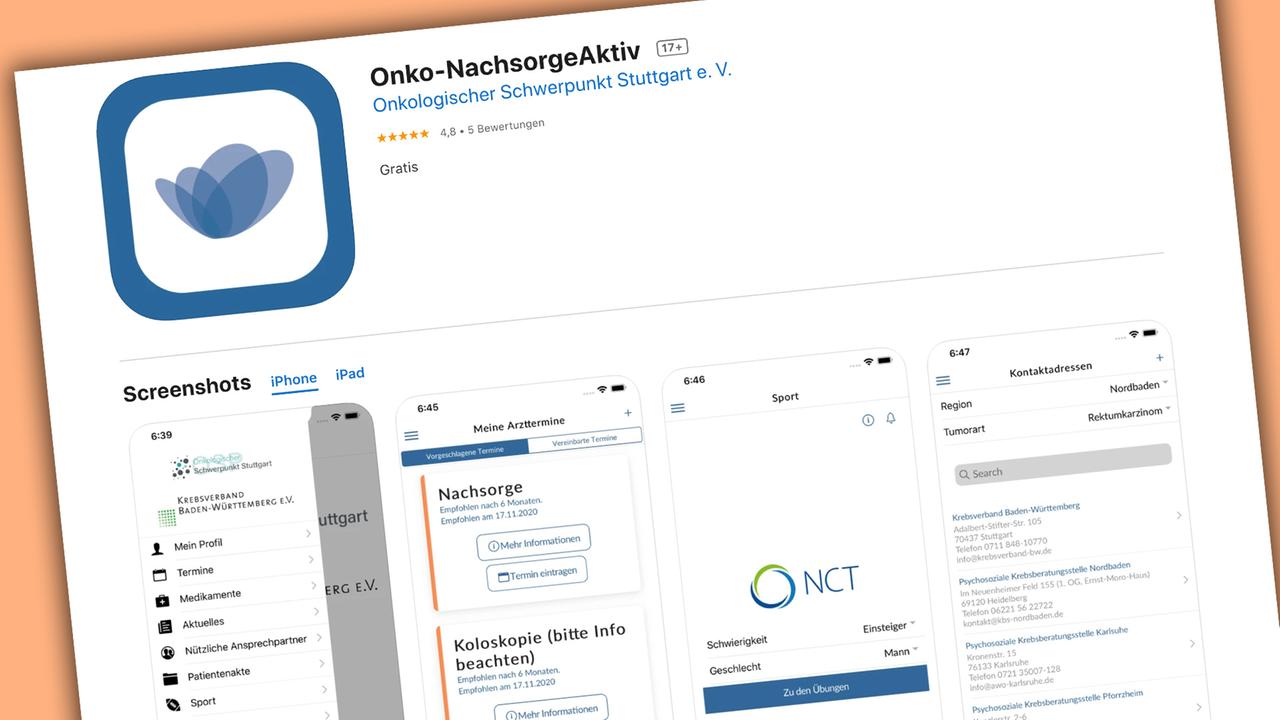 Screenshot der Downlooadseite der App „Onko-NachsorgeAktiv”.