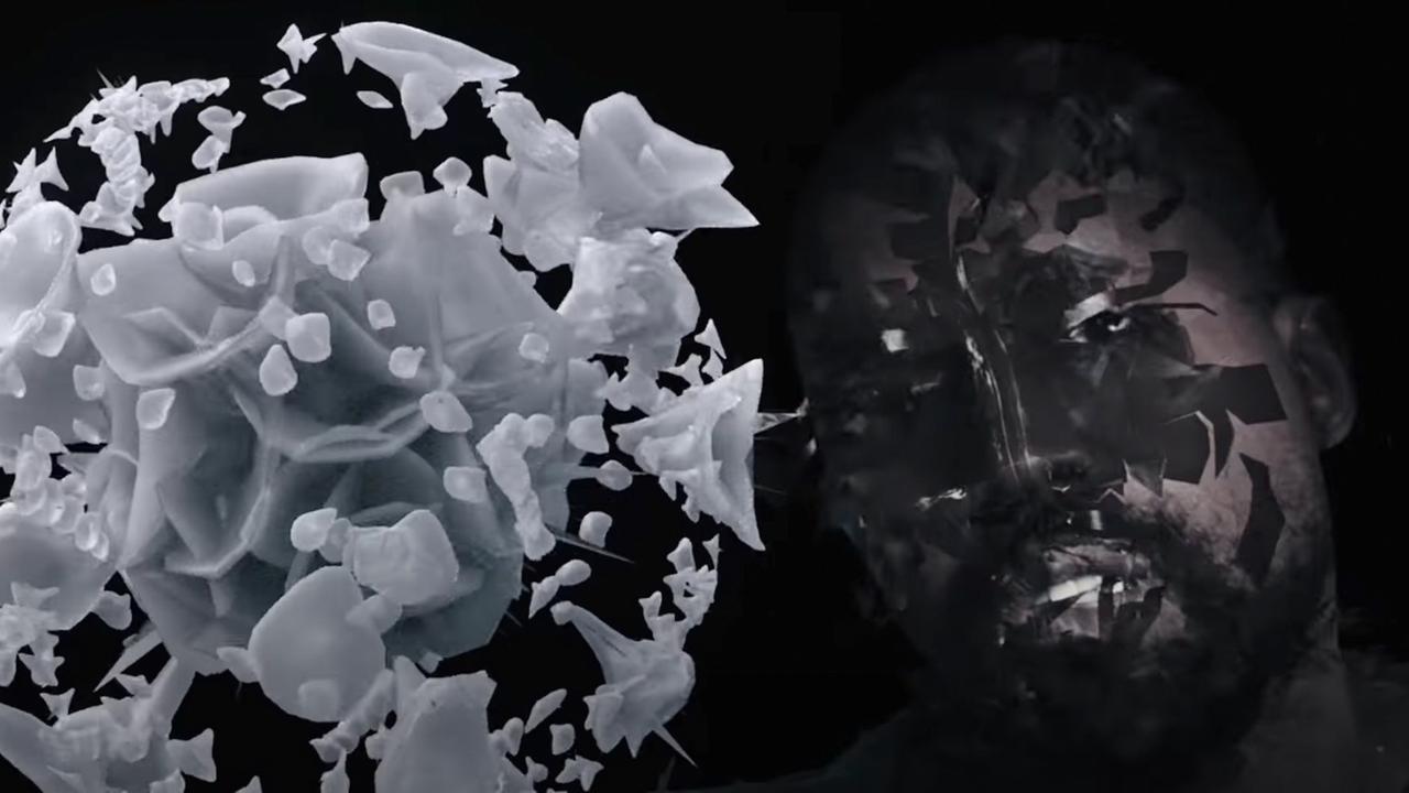 3D-Darstellung des Coronavirus und Großaufnahme von Kanye West mit digital verfremdetem Gesicht.