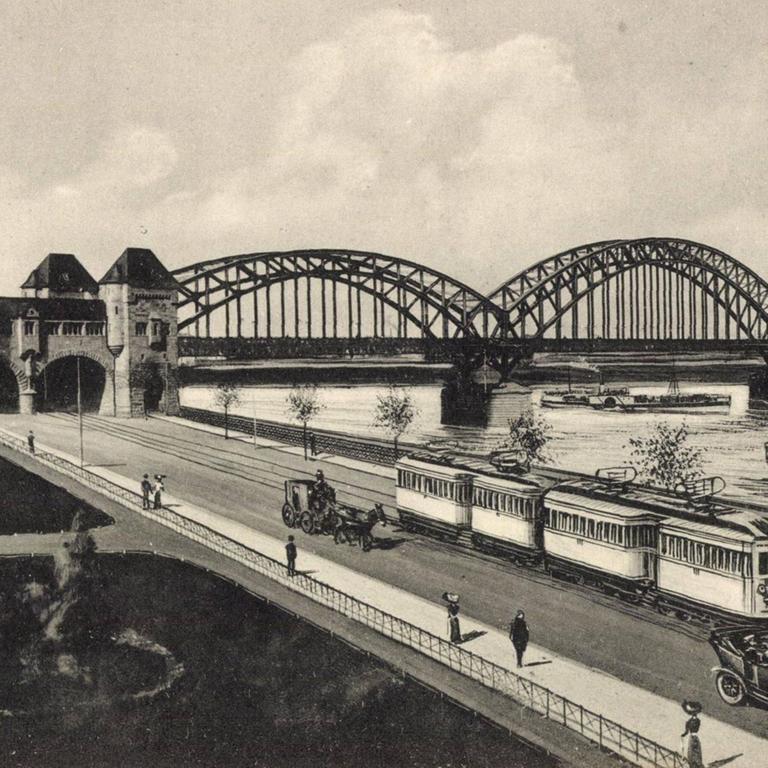 Köln am Rhein, Blick auf die Südbrücke mit Straßenbahn und Rhein (Illustration nach einem Foto, vermutlich um 1915)