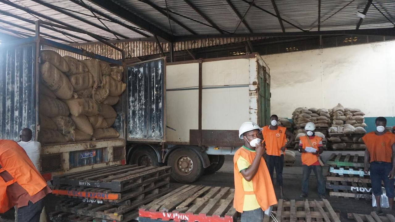 Arbeiter mit Mundschutz stehen vor Paletten und einem mit Kakaosäcken gefüllten Schiffscontainer.