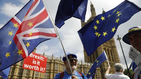 Anti-Brexit protesters demonstrate with placards and EU flags against Britain's exit from the European Union outside the Houses of Parliament in London on July 4, 2018. / AFP PHOTO / Tolga AKMEN