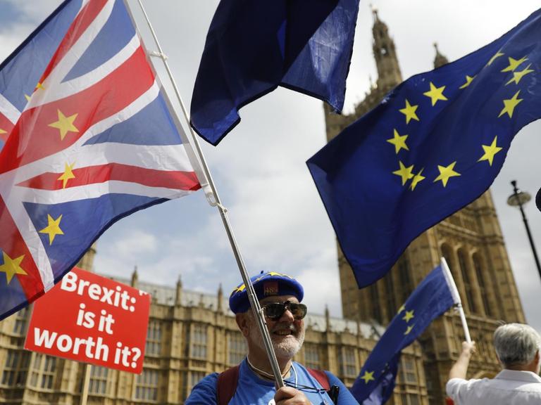 Anti-Brexit protesters demonstrate with placards and EU flags against Britain's exit from the European Union outside the Houses of Parliament in London on July 4, 2018. / AFP PHOTO / Tolga AKMEN