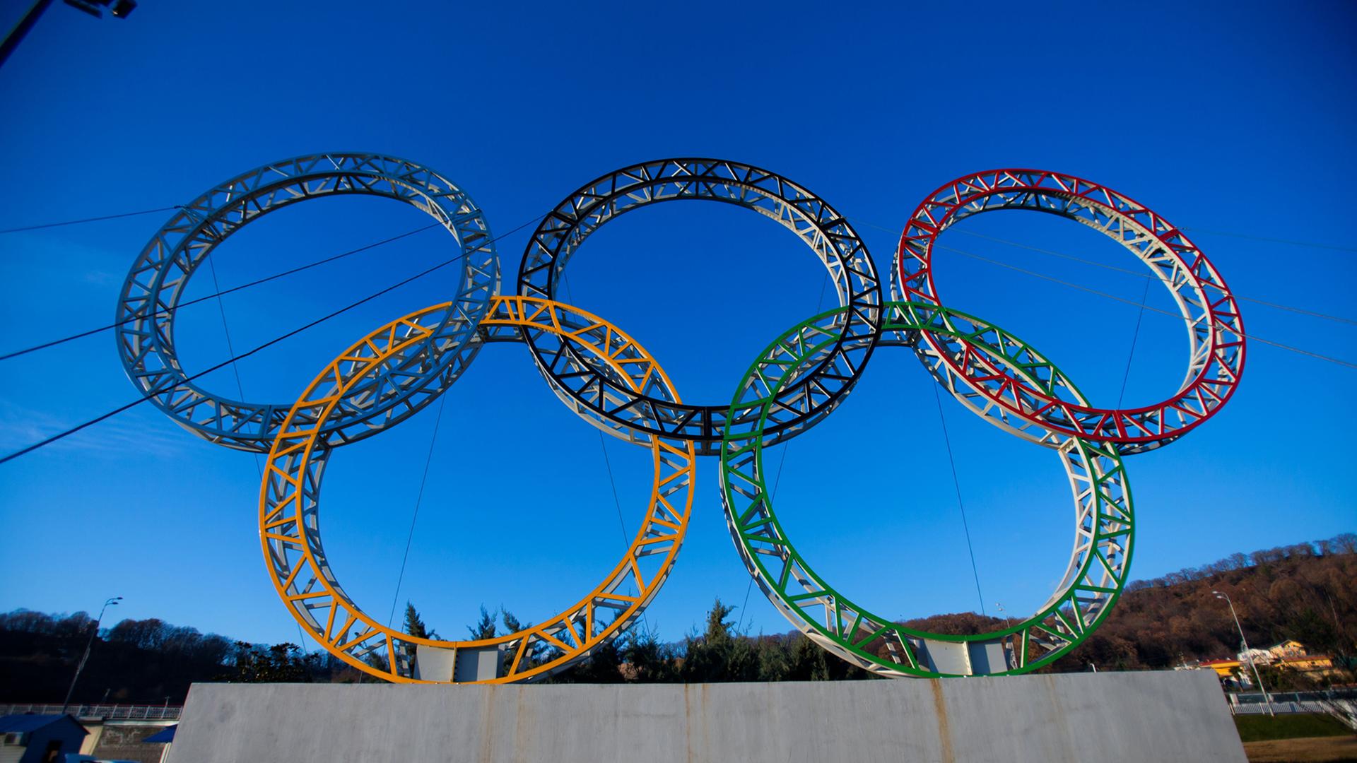 Die Olympischen Ringe in Sotschi vor dem Hauptgebäude des Flughafens