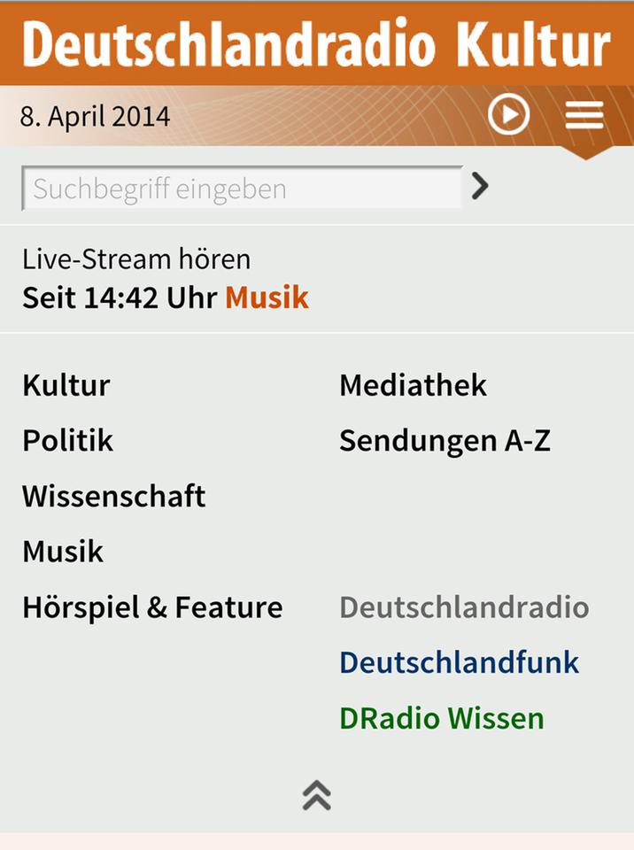 Menü der Mobil-Seite von Deutschlandradio Kultur