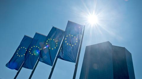 Europa-Flaggen wehen vor der Zentrale der Europäischen Zentralbank (EZB) in Frankfurt am Main.