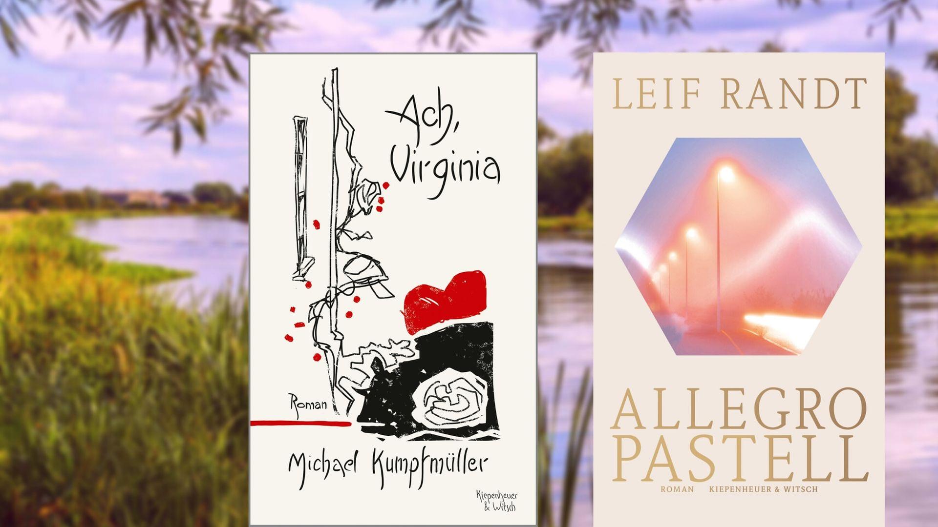 Buchover links: Michael Kumpfmüller: „Ach Virginia“, Buchcover rechts: Leif Randt: „Allegro Pastell“