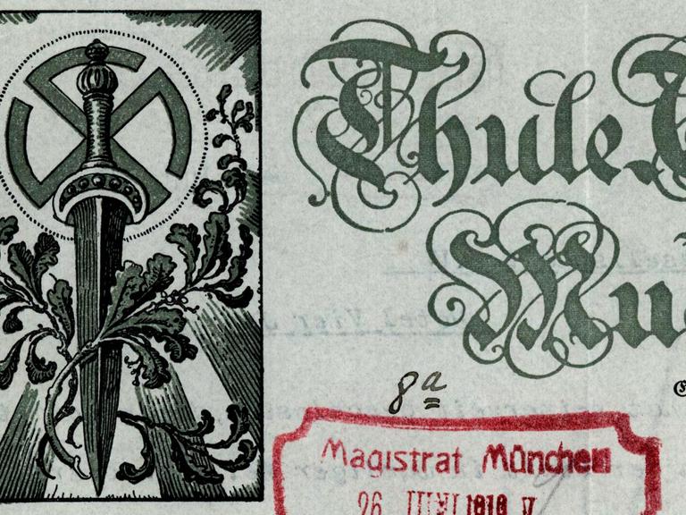 Briefkopf der Thule-Gesellschaft München aus dem Jahr 1919 mit Hakenkreuz, Schwert und Eichblattkranz