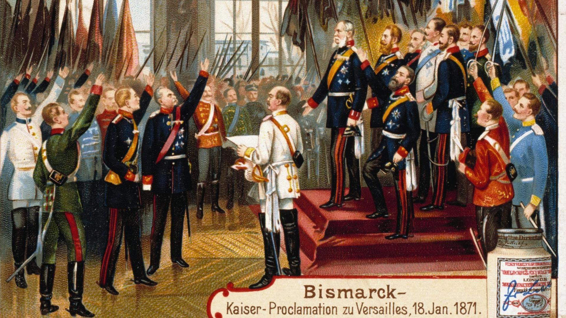 Eine Farblithographie von 1899 zeigt die Kaiserproklamation 1871 auf einem damals begehrten Liebig-Sammelbildchen