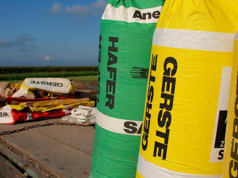 Säcke mit der Aufschrift Gerste und Hafer stehen auf einem Anhänger auf einem Feld.