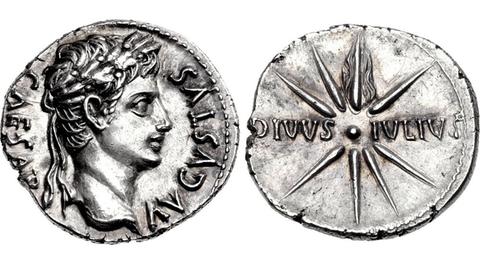 Eine Münze aus der Zeit von Kaiser Augustus, die auf der Rückseite auf Cäsars Komet verweist