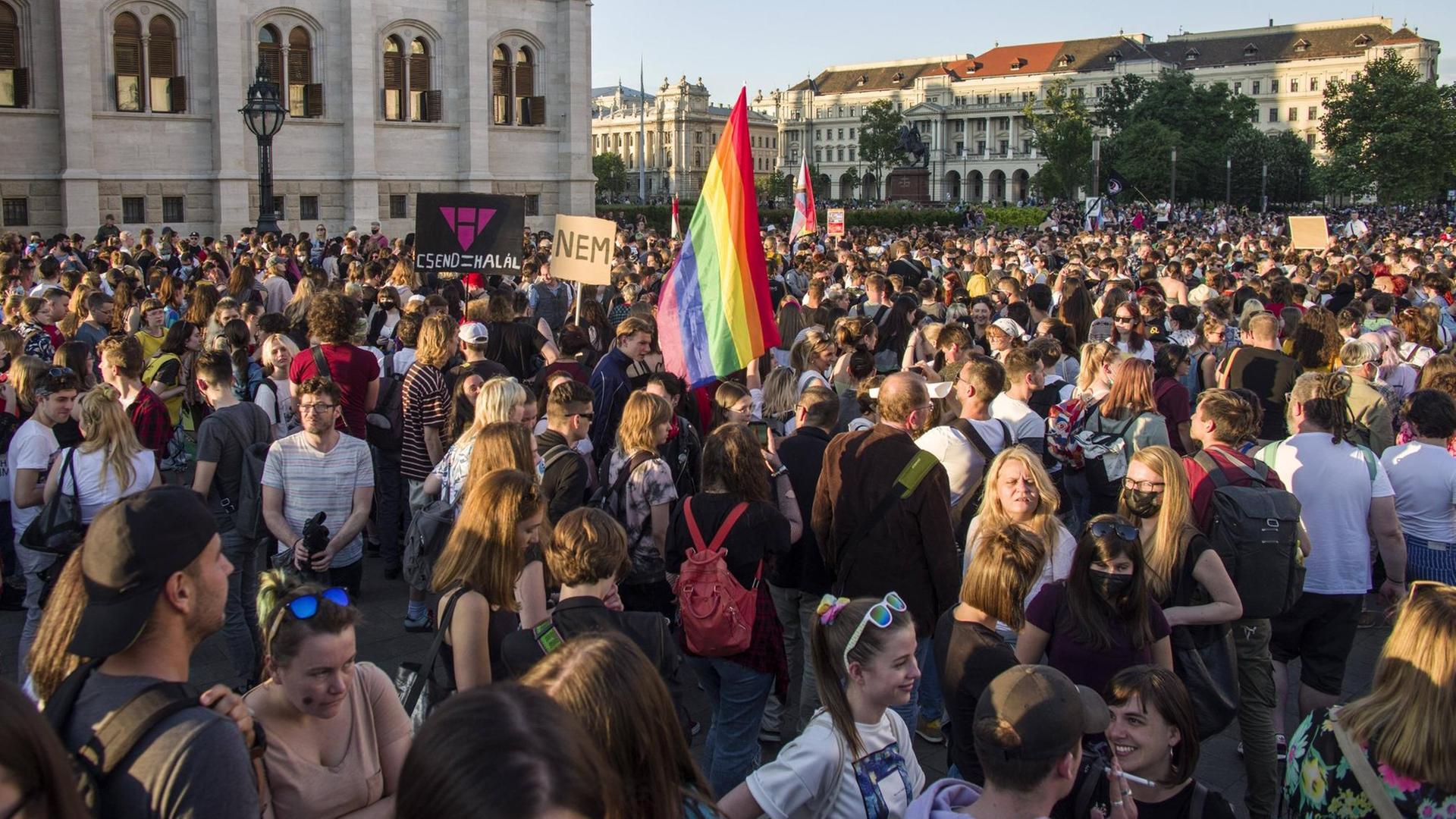 Viele Menschen protestieren in Budapest gegen ein Gesetz zu Homosexualität. In der Mitte ist eine Regenbogenfahne zu erkennen.