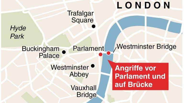 Karte zum mutmaßlichen Terroranschlag vor dem Parlament in London.