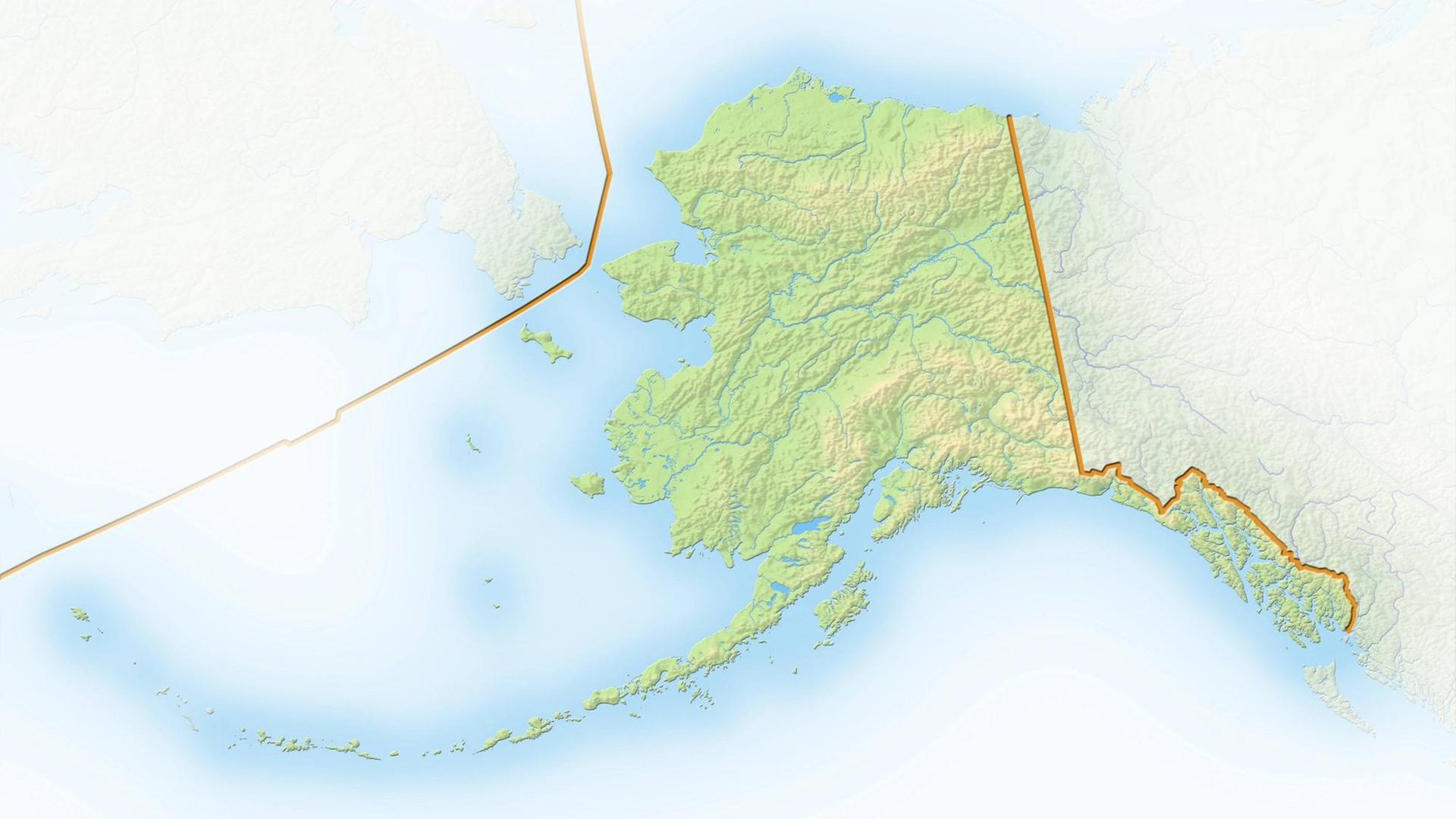 Alaska auf einer schattierten Reliefkarte. Das Gebiet wurde von Russland an die , USA verkauft.
