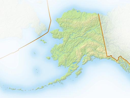 Alaska auf einer schattierten Reliefkarte. Das Gebiet wurde von Russland an die , USA verkauft.