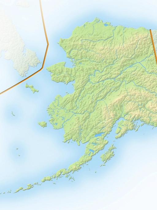 Alaska auf einer schattierten Reliefkarte. Das Gebiet wurde von Russland an die , USA verkauft.